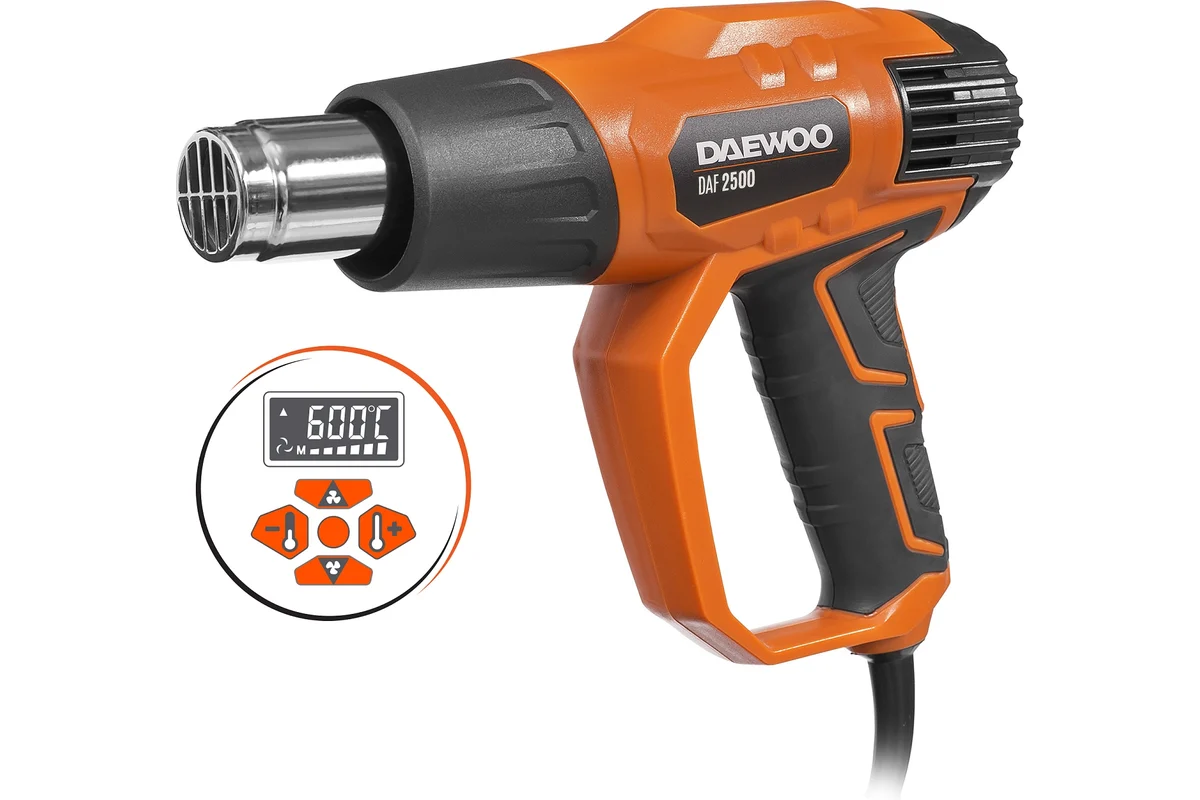 Фен DAEWOO DAF 2500 (2200Вт, 50°С-600°С, 200/500л/мин, LCD дисплей с плавной регул., кейс + 4насадки