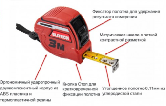 Рулетка Elitech 310301  5мх19мм. магнитн. зацеп, автостоп, утолщ. полотно, Корпус ABS-пластик с покрытием TPR 207188