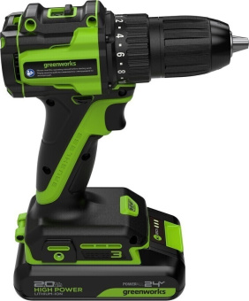 Дрель-шуруповерт аккумуляторная GREENWORKS DD345 24V, АКБ 2Ач и ЗУ 3708307CUA
