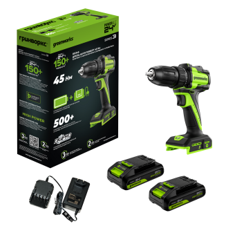 Дрель-шуруповерт акк. Greenworks DD345, 24V, б/щет, 27/45 Нм,13мм,2х2Ач,ЗУ,кор (3708307CUC)