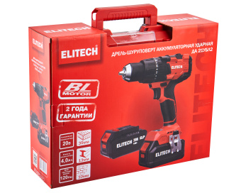 Шуруповерт аккум. Elitech ДА 21 УБЛ2 (ударн.,20В,2х4.0Ач,ELP,БЗП-13мм,0-500/2100об/мин,120Нм,1.3кг)