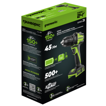 Дрель-шуруповерт акк. Greenworks DD345, 24V, б/щет, 27/45 Нм,13мм,2х2Ач,ЗУ,кор (3708307CUC)